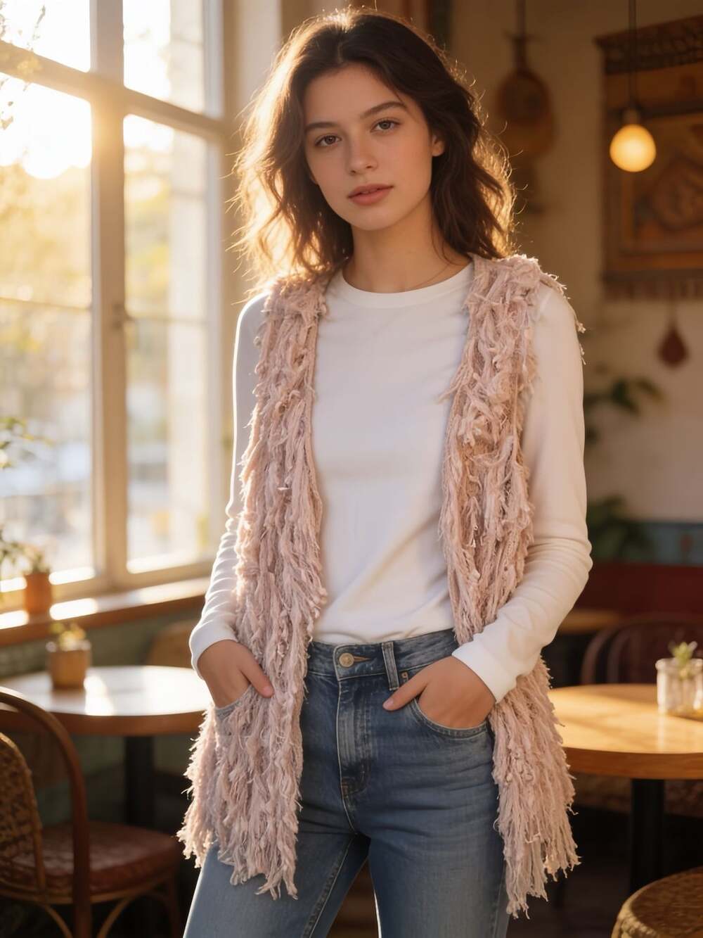 Dreamers Blush Fringed Knit Vest M/L